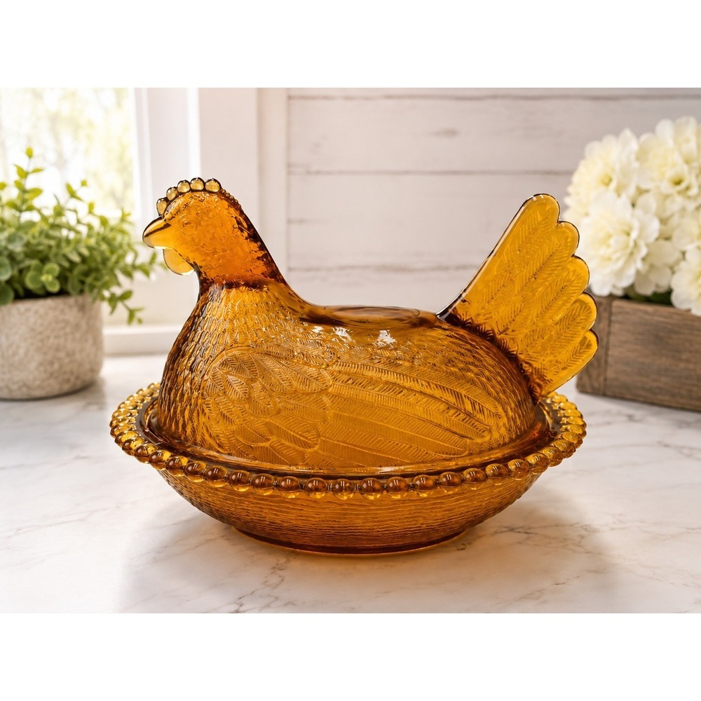 Vtg. Indiana Amber Glass Chicken Candy Dish Farmhouse Cottagecore Country Fall